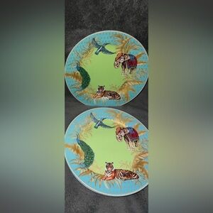 Williams Sonoma RAJ Thai 2 Dinner Plates Tiger Elephant Peacock Blue Green HTF